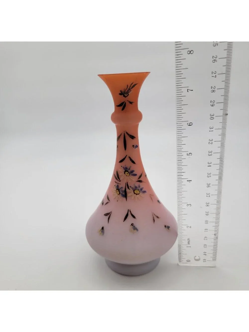 Antique Victorian Handpainted Peach Blow Satin Glass Vase With Floral Motif